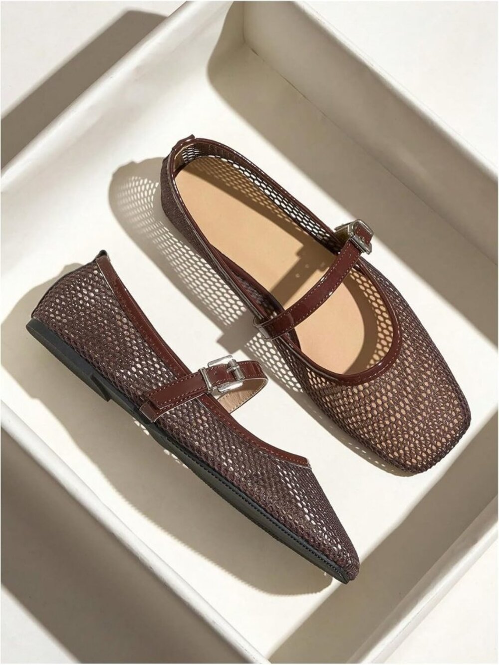 Women's Lace Mesh Ballet Flats Shoes Brown B Square Closed Toe Shoes Summer Flat - Picture 2 of 5